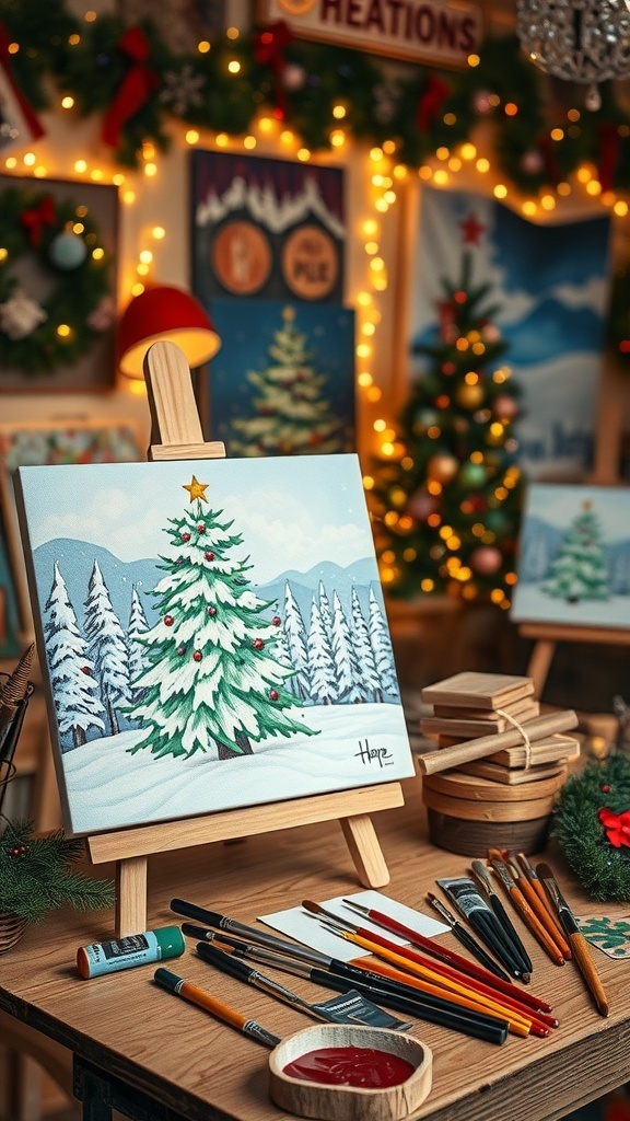 Step-by-Step Guide to Easy Christmas Paintings A collection of easy Christmas paintings including a Christmas tree and winter scene in a festive art studio.